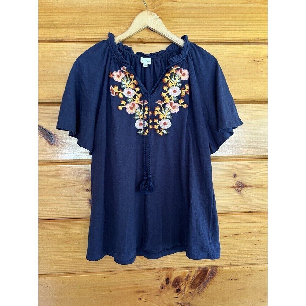 Keep in Touch Floral Embroidered Bell Sleeve Tie Ruffle Neck Top Womens Sz M